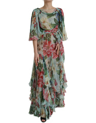 Dolce & Gabbana – Langes, gestuftes Maxikleid mit Blumenmuster in Blau