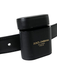 Dolce & Gabbana schwarzes Leder-AirPods-Case mit silberner Gürtelschnalle