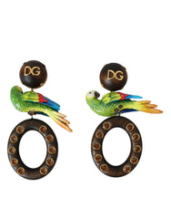 Dolce & Gabbana Ohrringe aus Holz, Messing und Kristall mit bunten Papageien