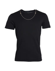 Dolce & Gabbana Schwarzes Baumwoll-T-Shirt mit silberner Kette und kurzen Ärmeln