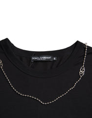 Dolce & Gabbana Schwarzes Baumwoll-T-Shirt mit silberner Kette und kurzen Ärmeln