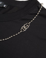 Dolce & Gabbana Schwarzes Baumwoll-T-Shirt mit silberner Kette und kurzen Ärmeln