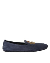 Dolce & Gabbana Blaue Leder-Wildleder-Kristall-Kronen-Slipper-Schuhe