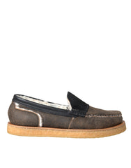 Dolce & Gabbana Braune Schwarze Fell-Leder-Slipper Herrenschuhe