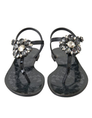 Dolce & Gabbana Schwarze Kristall-Flache Sandalen Flip-Flops Schuhe