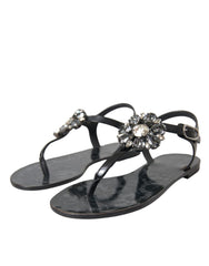 Dolce & Gabbana Schwarze Kristall-Flache Sandalen Flip-Flops Schuhe