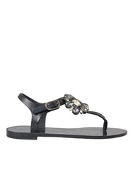 Dolce & Gabbana Schwarze Kristall-Flache Sandalen Flip-Flops Schuhe
