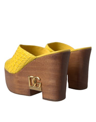 Dolce & Gabbana Gelbe Leder Holz Pantoletten Keilabsatz Schuhe