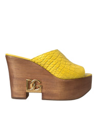 Dolce & Gabbana Gelbe Leder Holz Pantoletten Keilabsatz Schuhe