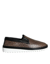 Dolce & Gabbana Braune Schwarze Leder Geflochtene Herren Mokassins Schuhe