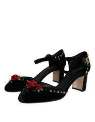 Dolce & Gabbana Schwarze Samt-Rosen Knöchelriemen Pumps Schuhe