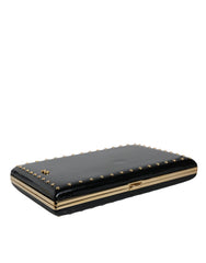 Dolce & Gabbana – Clutch mit goldenem Rahmen und Nieten aus schwarzem Leder, Abendtasche