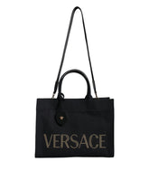 Versace Zwarte Bovenhandtas Canvas Leer Logo Crossbody Draagtas