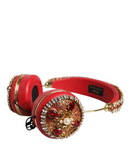 Dolce & Gabbana Rote Nappaleder-Kopfhörer mit Blumen-Kristallen