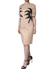 Moschino Beiges, kurzärmliges, knielanges Baumwollkleid