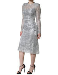 Dolce & Gabbana – Figurbetontes Midi-Etuikleid mit Blumenspitze in Silber