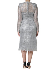 Dolce & Gabbana – Figurbetontes Midi-Etuikleid mit Blumenspitze in Silber