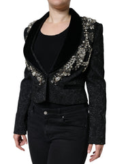 Dolce & Gabbana Schwarze Jacquardjacke mit Kristallblumenmuster