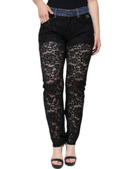 Dolce & Gabbana Schwarze Skinny Jeans aus Denim mit floraler Spitze vorne