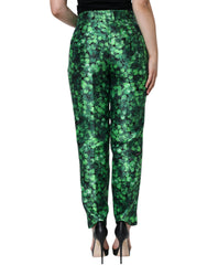 Dolce & Gabbana Grüne Clover Seidensatin Hose mit hoher Taille und schmal zulaufendem Bein