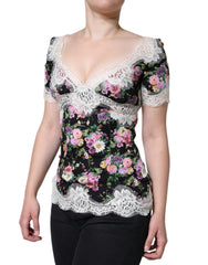 Dolce & Gabbana Schwarze Bluse aus Blumenspitze mit kurzen Ärmeln