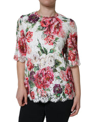 Dolce & Gabbana Weiße Pfingstrosen-Spitzenbluse mit kurzen Ärmeln