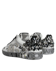 Dolce & Gabbana Weiße Sneakers Portofino mit Logo aus silberfarbenen Kristallen