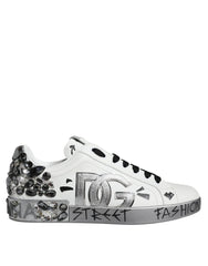 Dolce & Gabbana Weiße Sneakers Portofino mit Logo aus silberfarbenen Kristallen