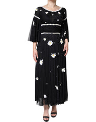 Dolce & Gabbana – Langes Maxikleid in A-Linie aus schwarzer Seide mit Gänseblümchenmuster