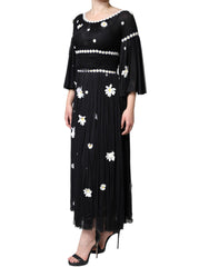 Dolce & Gabbana – Langes Maxikleid in A-Linie aus schwarzer Seide mit Gänseblümchenmuster