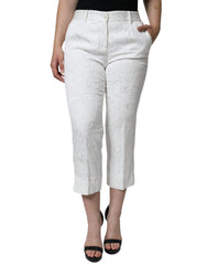 Dolce & Gabbana Weiße Blumige Brokat Baumwoll-Cropped-Hose