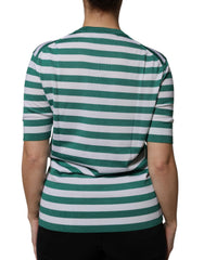 Dolce & Gabbana Weißes T-Shirt mit grünem Streifen und Blättermuster, Rundhalsausschnitt