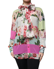 Dolce & Gabbana Mehrfarbiges geblümtes Patchwork-Oberteil mit Ascot-Kragen