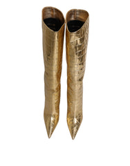 Dolce & Gabbana Gold Leder Stiletto Heels Hohe Stiefel Schuhe