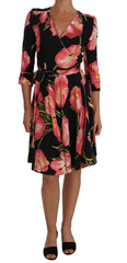 Dolce & Gabbana Schwarzes Etuikleid mit pinkem Tulpenprint und Stretchanteil
