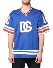 Dolce & Gabbana Blaues Logo V-Ausschnitt Kurzarm-T-Shirt