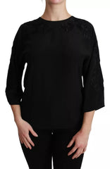 Dolce & Gabbana Schwarze Bluse mit Blumenstickerei Seidentop