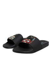 Dolce & Gabbana Schwarze Divers Leder Flats Pantoletten Sandalen Strandmode Schuhe