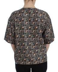 Dolce & Gabbana Graues Seidenbluse T-Shirt mit Goldschlüssel-Print