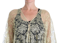 Dolce & Gabbana Gold Floral Lace Crystal Gown Cape Dress