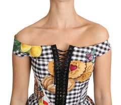 Dolce & Gabbana Schwarz-weiße Korsettbluse Sicily Zitronen-Karo-Top