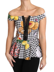 Dolce & Gabbana Schwarz-weiße Korsettbluse Sicily Zitronen-Karo-Top