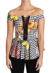 Dolce & Gabbana Schwarz-weiße Korsettbluse Sicily Zitronen-Karo-Top