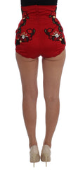 Dolce & Gabbana Rote Seiden-Shorts mit Kristallrosen