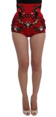 Dolce & Gabbana Rote Seiden-Shorts mit Kristallrosen