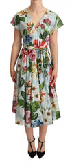 Dolce & Gabbana Grünes, geblümtes Baumwollkleid mit V-Ausschnitt und kurzen Ärmeln