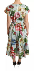 Dolce & Gabbana Grünes, geblümtes Baumwollkleid mit V-Ausschnitt und kurzen Ärmeln