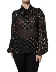 Dolce & Gabbana Black Sheer Tied Neck Polka Dots Blouse Top