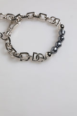 Dolce & Gabbana Silver Tone Chain Lobster Clasp Logo Gray Pearls Bracelet