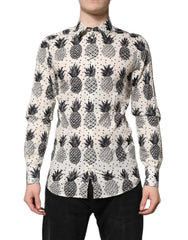 Dolce & Gabbana White Pineapple Print Long Sleeve GOLD Shirt